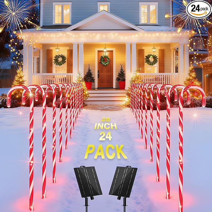 COOLWUFAN 24 Pack 28" Solar Candy Cane Path Lights Christmas Decorations, 4 Brightness Levels 264 Bright LEDs Waterproof Pathway Markers with Stakes for Outdoor Yard Garden Walkway Xmas Holiday Decor
