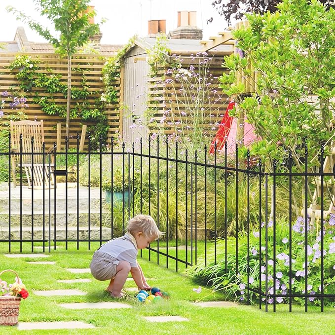 Metal Garden Fence with Gate 36 in H x 12 ft L, 1 Gate + 5 Panels Border Dog Fence Panels Animal Barrier, No Dig Garden Fencing for Yard Patio Flower Bed Lawn Outdoor, Arch Black