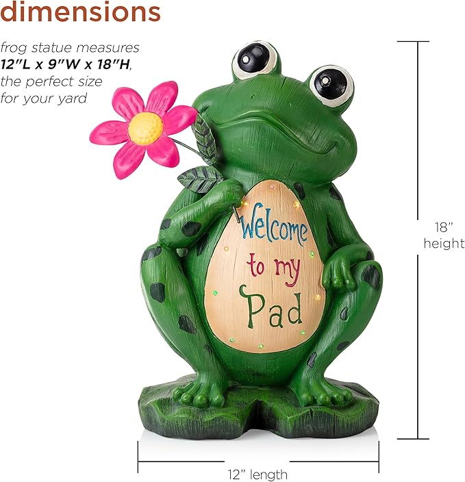 Alpine Corporation 18" Tall Outdoor Frog with Color Changing LED Lights and Welcome Sign Yard Statue