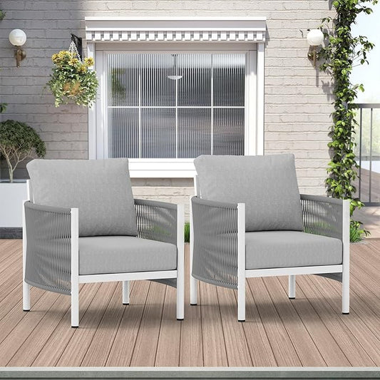 Aluminum Outdoor Sofa Armchair, HDPE Rope Patio Couch with Washable Thick Cushion, All-Weather Outdoor Patio Chairs Set of 2 for Balcony, Yard, White Frame, White