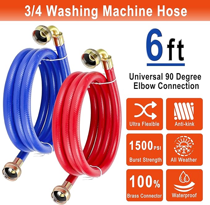 6 FT Washing Machine Hoses with 90 Degree Elbows Universial Rubber Washer Hose No-Lead Burst-proof Hot and Cold Water Supply Hoses for Washing Machine - 2 PACK by Fetechmate
