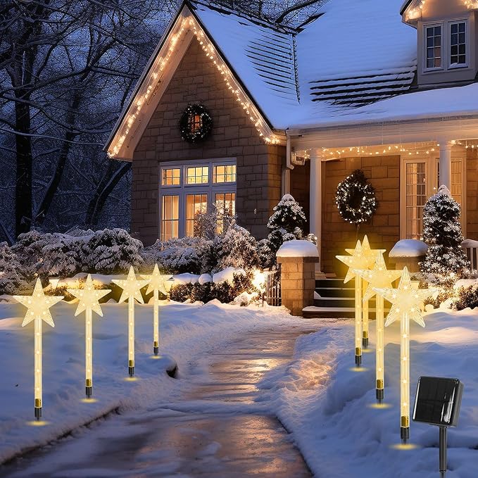 8 Pcs Christmas Solar Stake Light, Decorative IP64 Waterproof 64LED Beads Star-Shaped Pathway Lights with 8 Lighting Modes Xmas Decoration for Outdoor Garden Patio Yard Porch Driveway