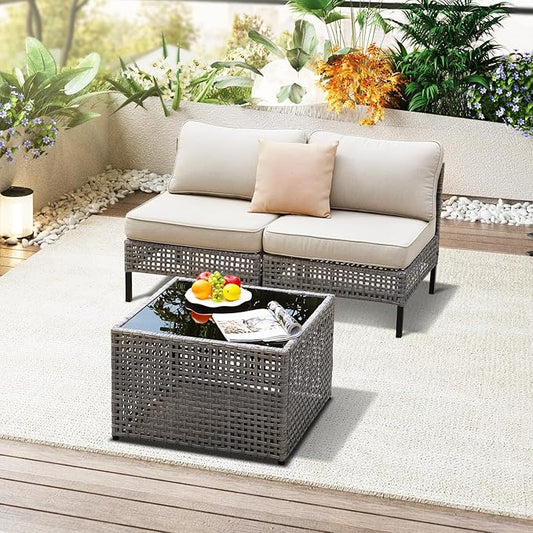3-Piece Outdoor Modular Patio Set with 2 Armless Rattan Chairs and Glass Table, Gray PE Wicker Sectional Seating with Cushions for Balcony, Garden, Deck, Porch