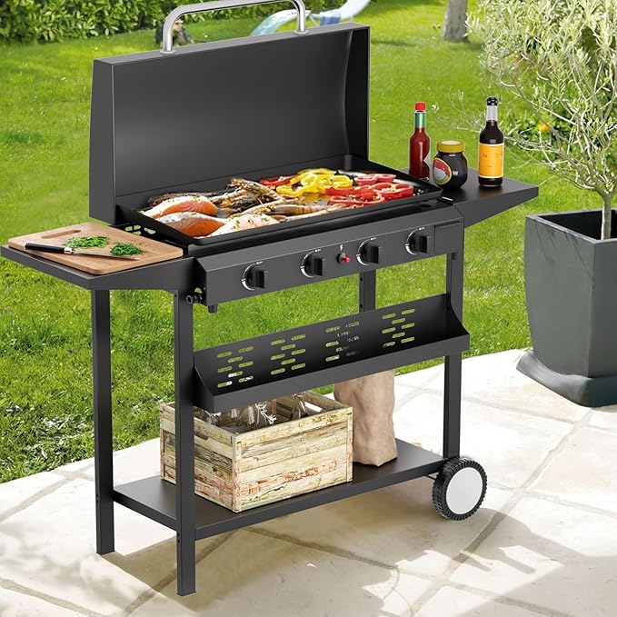 4 Burner BBQ Gas Griddle with Hood, 30 Inch Stainless Steel Portable Detachable Propane Griddle, 60,000 BTU Flat Top Grill with Side Shelves for Camping, Silver
