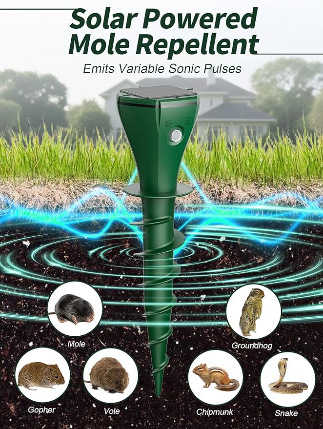 Mole Repellent Solar Powered for Lawns, Waterproof Gopher & Groundhog Repellent with Variable Sonic Vibration, Easy Twist Stakes for Yard & Garden, Get Rid of Voles Snakes (8, Green)