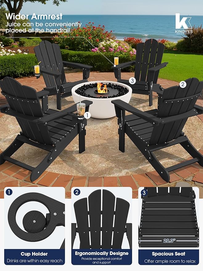 KINGYES Folding Adirondack Chair Set of 8, HDPE All-Weather Patio Chairs with Cup Holder, Wooden Textured Fire Pit Chairs for Poolside, Backyard, Deck, Black