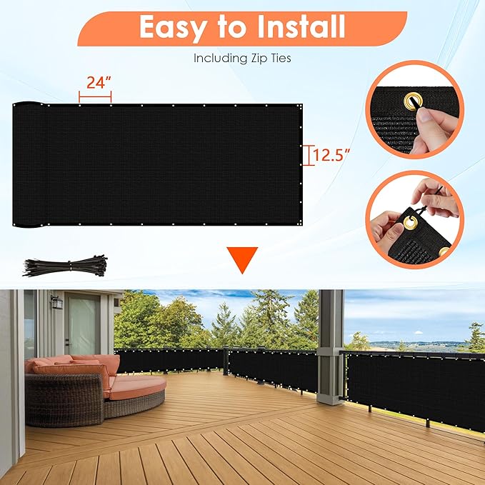 iCover 8x50ft Privacy Screen Fence, Garden Windscreen Mesh Shade Sail Net Barrier, Reinforced Bindings and Brass Grommets Cable Zip Ties Included,Black