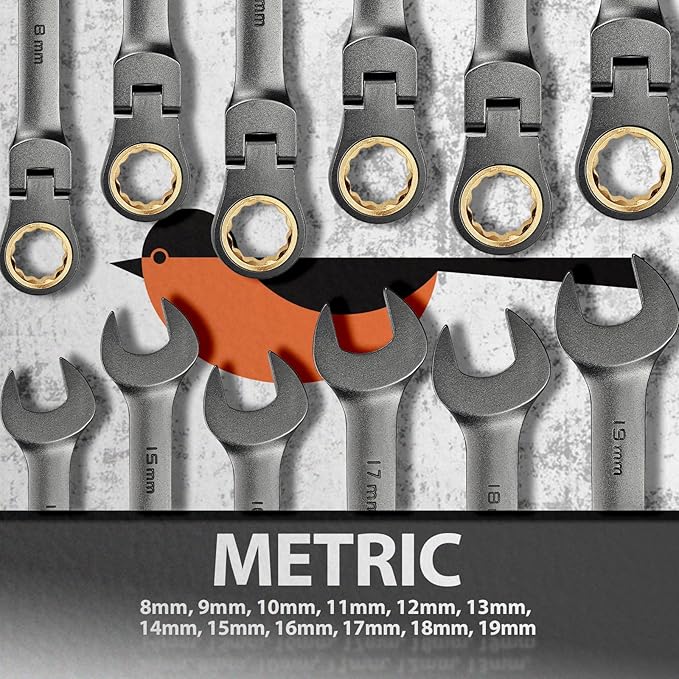 SUZUME 12-Piece (8mm-19mm) Flex Head Ratcheting Wrench Set with 72 Teeth 180° Flex Head Metric Ratcheting Wrench Set Cr-V Steel Rust-Resistant Ratchet Wrenches Set For Bicycle, Motorcycle, Car