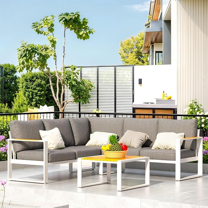 Aluminum Patio Furniture Set, All-Weather Outdoor Couch Sectional, L Shaped Patio Conversation Sets, Metal Corner Sofa with Teak Coffee Table(Cushion: Dark Gray, White Frame)