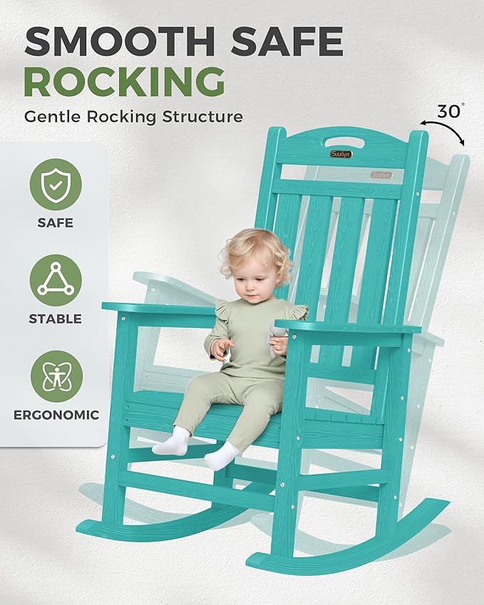 Oversized Outdoor Rocking Chair Set of 4, High Back Porch Rocker Chair, HDPE All Weather Resistant Rocking Chairs for Patio, 383lbs Weight Capacity, Lake Blue