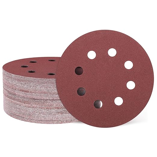 HARFINGTON 50 Pcs 5 Inch Sanding Discs, 180 Grit Hook and Loop Sandpaper, 8-Hole Aluminum Oxide Round Sanding Paper for Woodworking Automotive Metal Polishing, Red