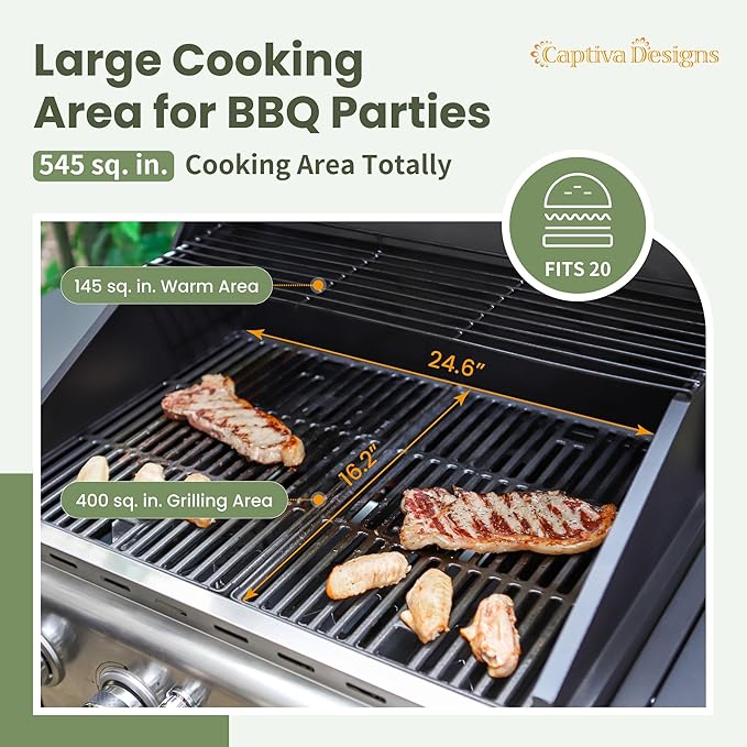 Captiva Designs 4-Burner Propane Gas BBQ Grill with Side Burner & Porcelain-Enameled Cast Iron Grates, 42,000 BTU Output Barbeque Grill for Outdoor Cooking Kitchen and Patio Backyard Barbecue, Blue