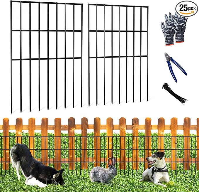 25pcs Garden Fence Animal Barrier 27ft(L) X 17in(H) No Dig Barrier Fencing Dog Rabbits Blocker 9 Vertical Metal Wire Rustproof Border Decorative Fences for Outdoor, Yard, Patio