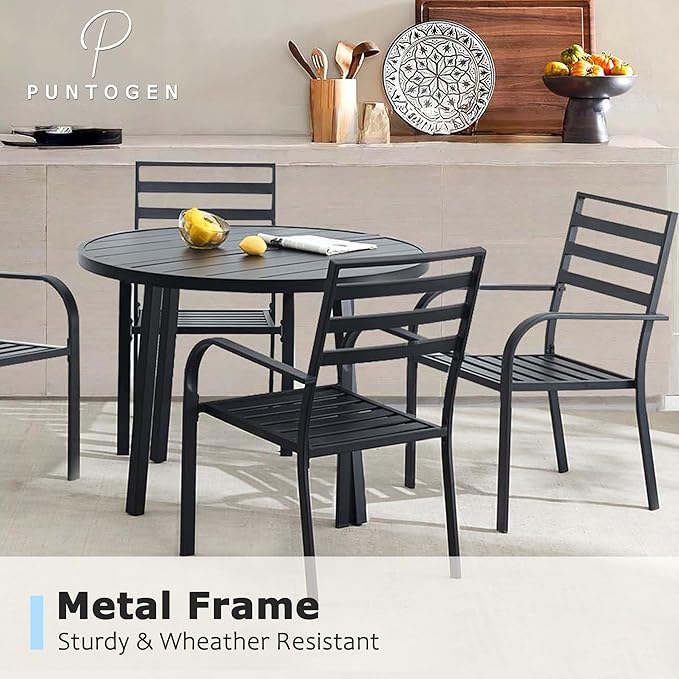 5 Piece Outdoor Dining Set, Patio Dining Set for 4, 42" Black Round Table with 4 Armrest Black Metal Outdoor Dining Chairs for Garden, Lawn, or Porch