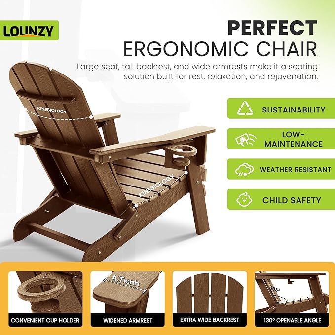 LOUNZY Folding Adirondack Chair with Cup Holder, HDPE All-Weather Folding Patio Chair, Outdoor Patio Adirondack Chair for Lawn Porch Garden Backyard Deck Fire Pit, Brown