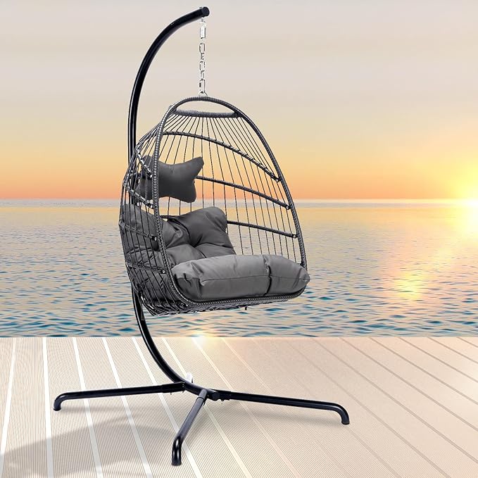 RADIATA Heavy Duty Egg Chair Swing with Stand, 350Lbs Rattan Hanging Chairs with Base and Cozy Cushion, Single Eggshell Hammock Seat for Outside Patio Porch Backyard Balcony Apartment, Dark Grey