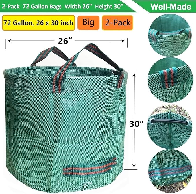 Professional 2-Pack 72 Gallon Yard Lawn Garden Bags Large (D26, H30 in) with Gardening Gloves for Leaf Bag,Yard Waste,Debris Bag,Camping Trash Container,Recycle Bin,Grass Clippings,Weed Bags 4 Handles