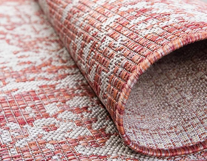 Unique Loom Outdoor Traditional Collection Area Rug - Timeworn (4' 1" Round, Rust Red/ Gray)
