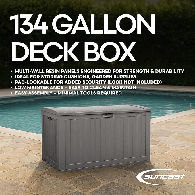 Suncast 134-Gal. Waterproof Resin Extra-Large Outdoor Patio Deck Box with Pad-Lockable Lid, Modern Outdoor Patio Bench/Storage Box for Cushions, Garden Tools, and More, Dove Gray