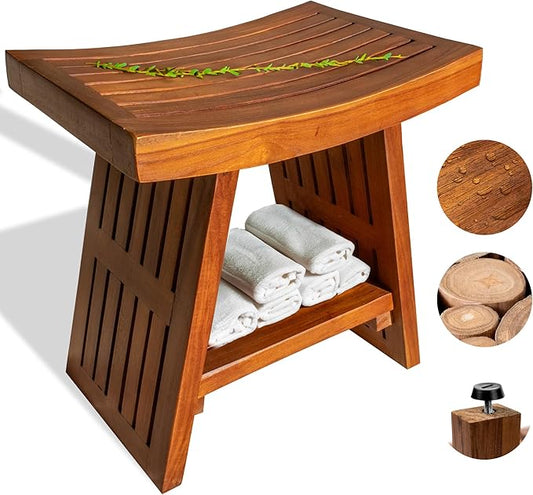 Teak Shower Bench 18 Inch – Fully Assembled Waterproof Seat with Curved Design – Durable Wooden Stool for Bathroom, Spa, or Outdoor Use