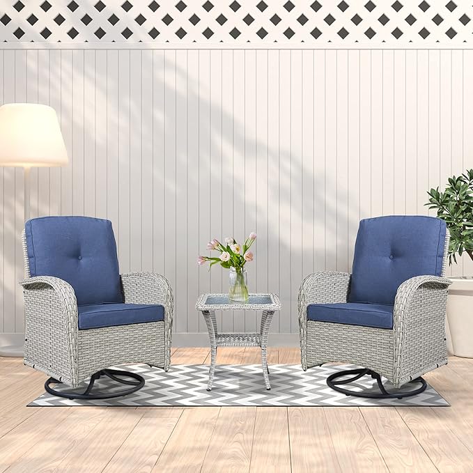 Belord Patio Conversation Sets Wicker Furniture, 7 PCS Outdoor Swivel Rocker Furniture Set for Patio Deck Poolside, 2 Swivel Rockers 2 Club Chairs 2 Rattan Tables 1 Loveseat Included, Blue Cushion