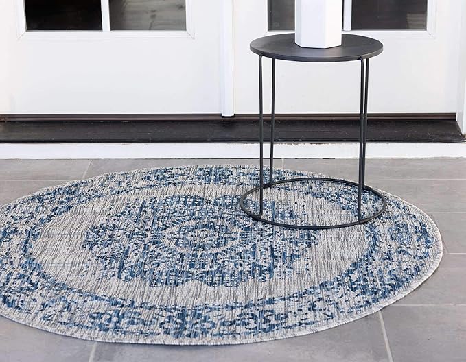 Unique Loom Outdoor Traditional Collection Area Rug - Timeworn (5' 3" Round, Blue/ Gray)