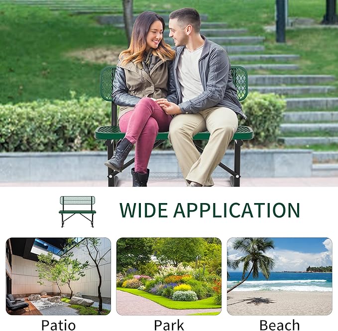 4 Feet Heavy Duty Metal Park Bench for Outside, Outdoor Bench with Backrest & Portable Frame, Commercial Benches for Shopping Malls, Stores, Parks, Patios, Decks, Green