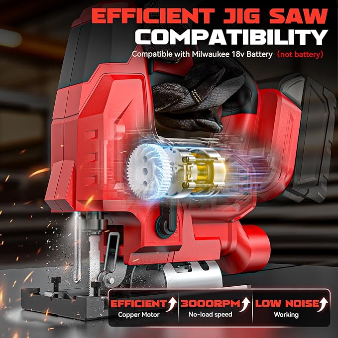 Ecarke Cordless Jig Saw Compatible With Milwaukee 18V Battery, Brushless, 4 Orbital Sets, 7 Speeds Dial Control, Dust-Blowing, ±45° Bevel Cuts, LED Light and 6PCS Blades For Cutting (Without Battery)