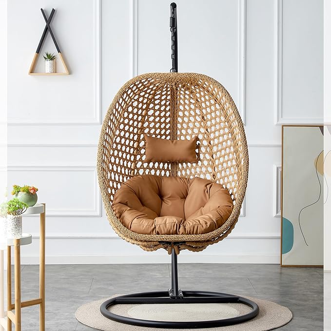 Hanging Egg Chair with Stand, Egg Swing Chair with Stand Indoor Outdoor, Yellow Basket Wicker Swing Egg Chair, Hammock Chair with Stable Round Metal Base and Comfortable Cushion for Patio Bedroom