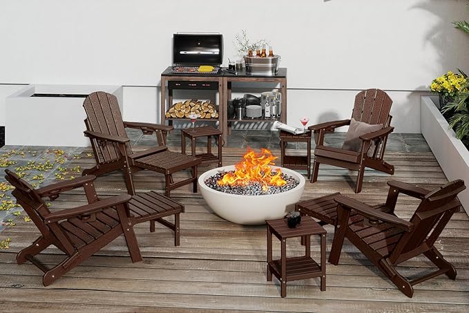GREENVINES Adjustable Adirondack Chair with Retractable Ottoman Set of 2 | Folding | 2 Cup Holders | Wood Grain HDPE Plastic | Fire Pit Chairs w/Foot Rest | Dark Brown | for Outdoor Patio Poolside