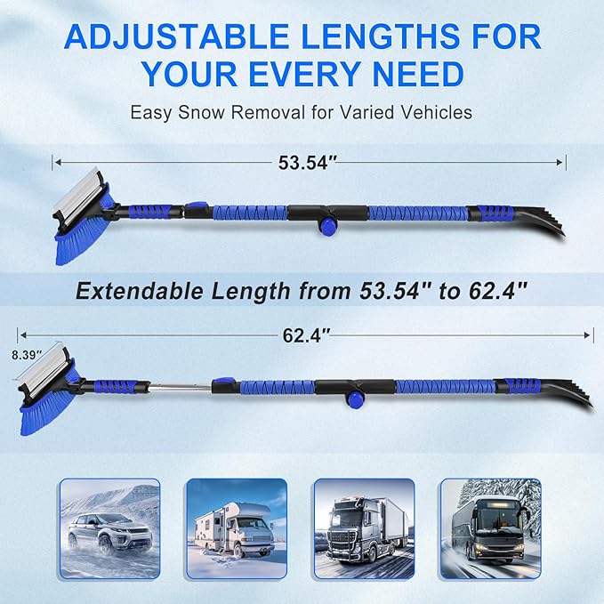 62.4" Foldable Snow Brush and Ice Scrapers for Car Windshield, Adjustable & Extendable Ice Removal Tool with Non-Slip Foam Grip, 180° Pivoting Snow Brush for Car, SUV, Truck, Blue