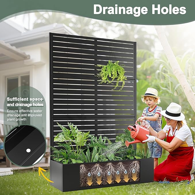 Metal Planter Box with Trellis Privacy Screen, Large Raised Garden Beds with Trellis for Climbing Vegetables Plants, Privacy Planters with Drainage Holes for Patio (47"L×16"W×71"H, Black Blinds)