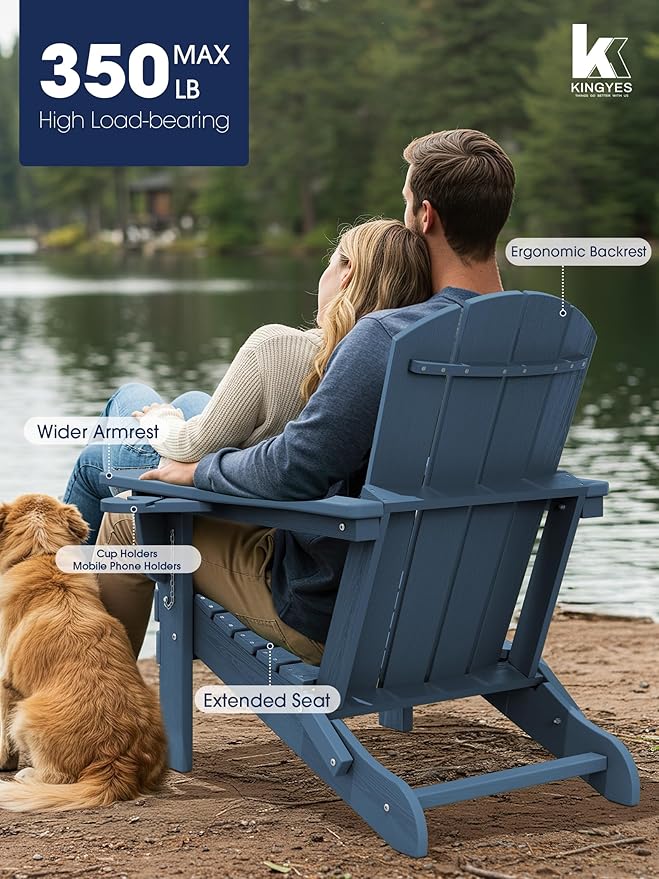 KINGYES Folding Adirondack Chair Set of 6, Dual Cup Holders & All-Weather HDPE, Wood-Like Patio Chair for Backyard, Camping,Pool & Fire Pit, Navy