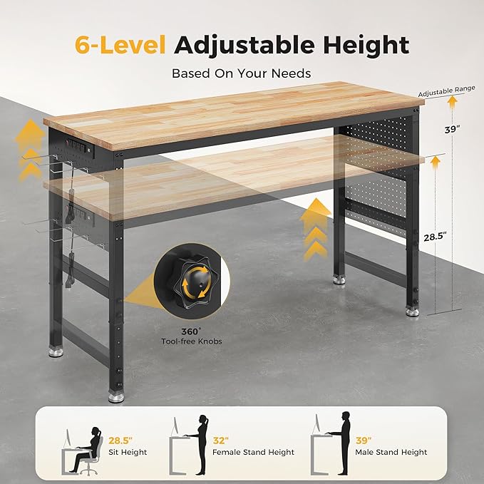 60" Adjustable Heavy Duty Workbench, 2000 LBS Load Capacity Rubber Wood Work Table with Pegboard, Power Outlets, Work Bench for Garage, Workshop, Office, Home, Commercial
