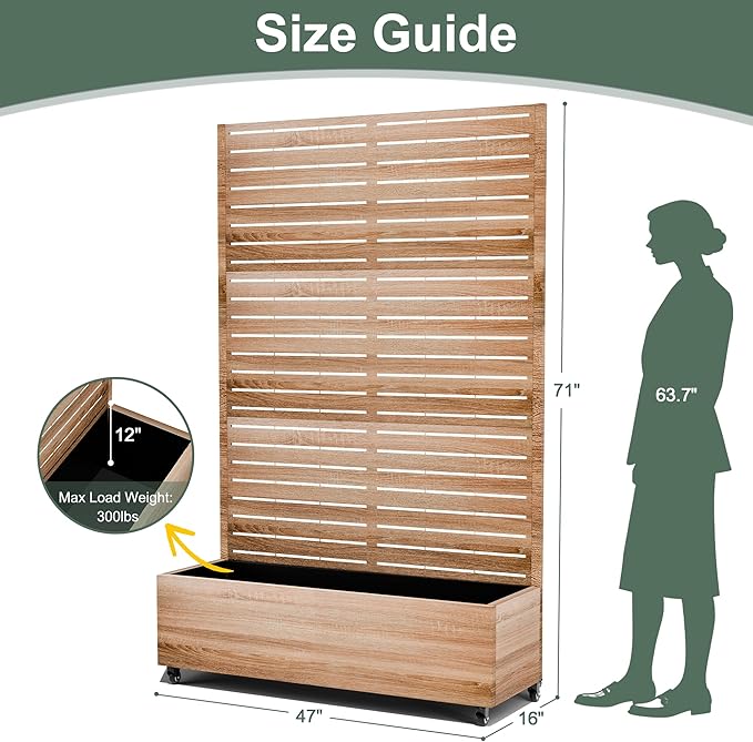 Metal Planter Box with Trellis Privacy Screen, Outdoor Raised Garden Beds with Wheels & Drainage Holes (47" L, Brown Oak Grain)