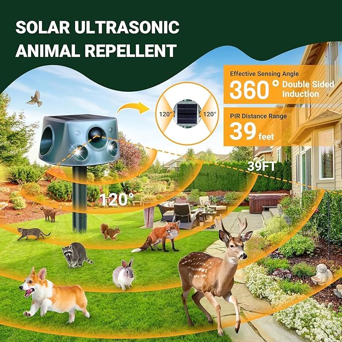 Solar Ultrasonic Animal Repellent, Deer Repellent Devices with Motion Detection & 4 Mode, Cat Repellent Outdoor Squirrel Skunk Rabbit Raccoon Dog Mouse Deterrents Repeller for Yard Patio Waterproof