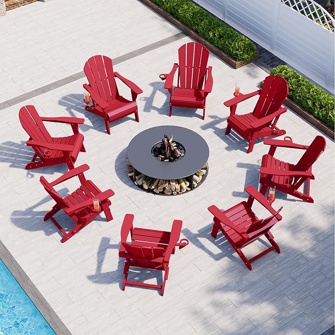 Folding Adirondack Chair, HDPE All-Weather Patio Chairs for Outdoor, Patio, Lawn, Garden, Backyard Deck, Fire Pit - Red