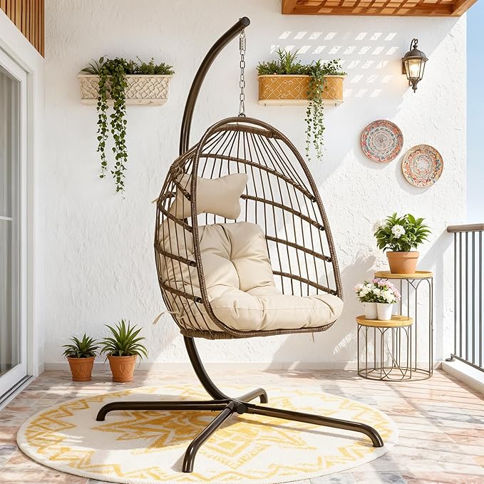 BLUEXYARD Hanging Egg Chair with Stand, 350 Lbs Heavy-Duty Wicker Swing Hammock Swing Basket with Padded Cushion, Modern Dome-Style Eggshell Seat for Indoor Outdoor Patio Garden Bedroom, Brown Tan