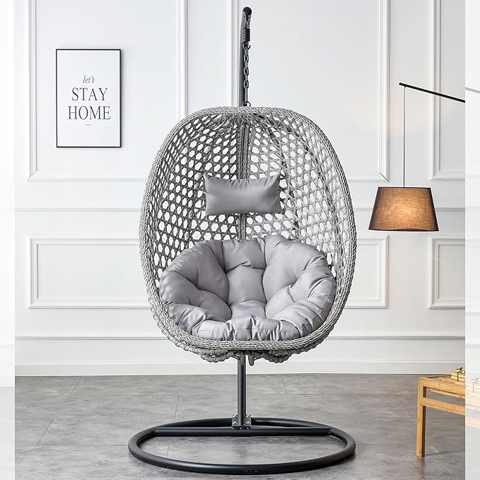 Hanging Egg Chair with Stand, Egg Swing Chair with Stand Indoor Outdoor,Grey Wicker Swing Egg Chair for Adults, Hammock Chair with Comfortable Cushion and Stable Round Metal Base for Bedroom Patio
