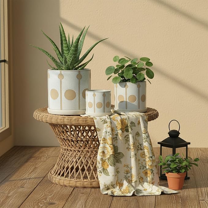 Ceramic Plant Pots Planters with Drainage Hole and Saucer Indoor Flower Pot Set with Hole Mesh Pad and Silicone Plug 4.72 + 5.51 + 6.5 Inch