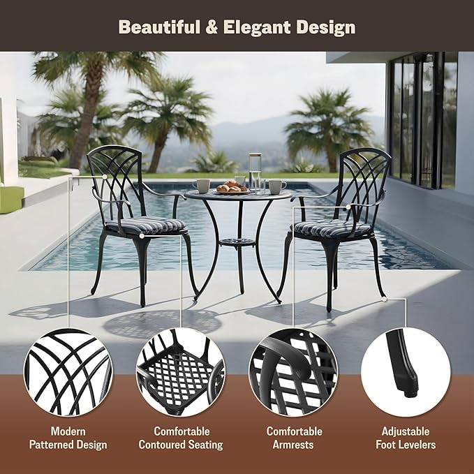 3 Piece Patio Bistro Set, Cast Aluminum Dining Table Set, All Weather Outdoor Round Metal Table with Umbrella Hole and Chairs Set of 2 with Cushion for Outside Garden, Black