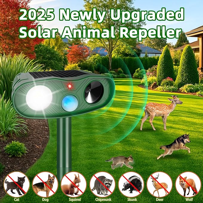 4Pack 2025 Solar Ultrasonic Animal Repellent Outdoor Cat Repellent Devices with Motion Detection&Flash Light Squirrel Rabbit Dog Cat Deterrent,Keep Rodent Chipmunk Raccoon Deer Away for Yard Garden