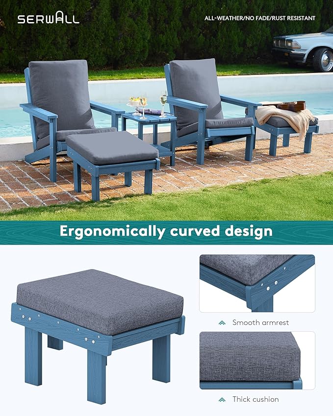 SERWALL Adirondack Chair with Cushion and Ottoman -All Weather HDPE Outdoor Adirondack Chair Set, Durable Adirondack Patio Chairs for Garden, Deck, or Poolside- Blue
