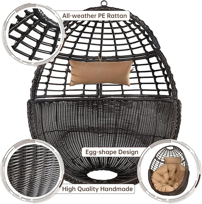 Hanging Egg Chair Hammock Chair with Stand Wicker Rattan Chairs for Indoor Outdoor Patio Bedroom Swing Chair with Steel Frame and Soft Cushion