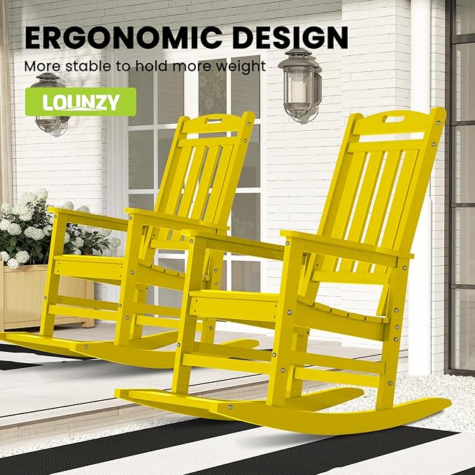 LOUNZY Outdoor Rocking Chair, HDPE Patio Rocking Chair with Footboard for Adults, All Weather Heavy Duty Front Porch Rocker, Yellow