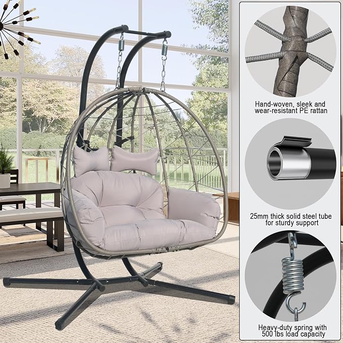 Double Hammock Egg Chair 2 Person Egg Chair Indoor Outdoor Swing with Stand Patio Wicker Hanging Chair Widened and Enlarged for Balcony Bedroom Porch Adults Kids