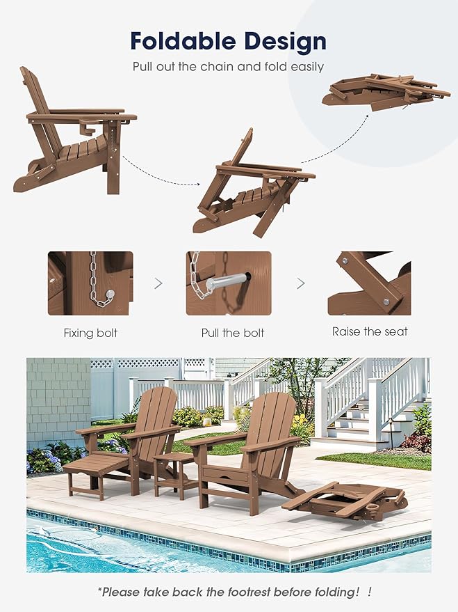 KINGYES Folding Adjustable Adirondack Chair with Retractable Ottoman Set of 6, HDPE All Weather Chair with Cup Holder - Versatile Adirondack Chair, Brown