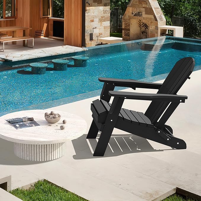 LOUNZY Folding Adirondack Chair with Cup Holder, HDPE All-Weather Folding Patio Chair, Outdoor Patio Adirondack Chair for Lawn Porch Garden Backyard Deck Fire Pit, Black