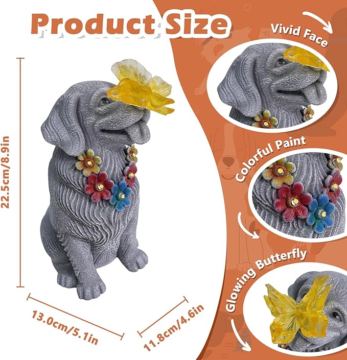 Loyal Puppy Garden Statue with Solar Butterfly Light - Adorable Dog Figurine with Flower Garland - Outdoor Decor for Patio & Pet Memorial Gift - Christmas Housewarming Birthday Gifts for Grandma Mom
