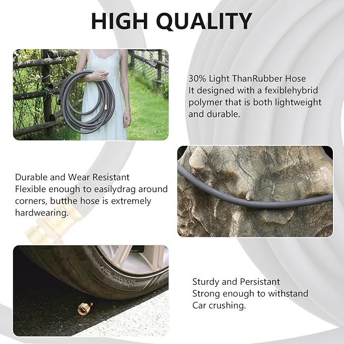 Garden Hose 5/8" x 50ft - Brass Rubber Heavy Duty Water Hose 600 PSI Burst Pressure, Durable Flexible Hose for Yard, Car Wash, Pets Gray